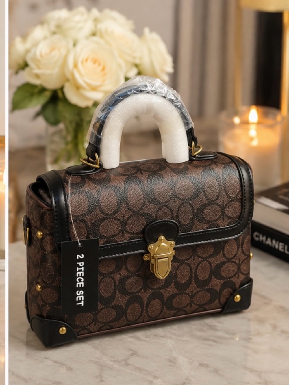Brown Monogram-Style Structured Satchel Handbag – New - Picture 3 of 4